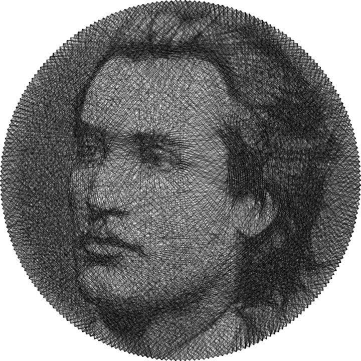 Tablou Mihai Eminescu - Portret in tehnica String Art din fir continuu de ata cerata 50×50 cm
