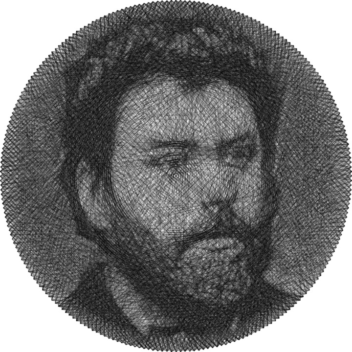 Tablou Ion Creanga - Portret in tehnica String Art din fir continuu de ata cerata 50×50 cm