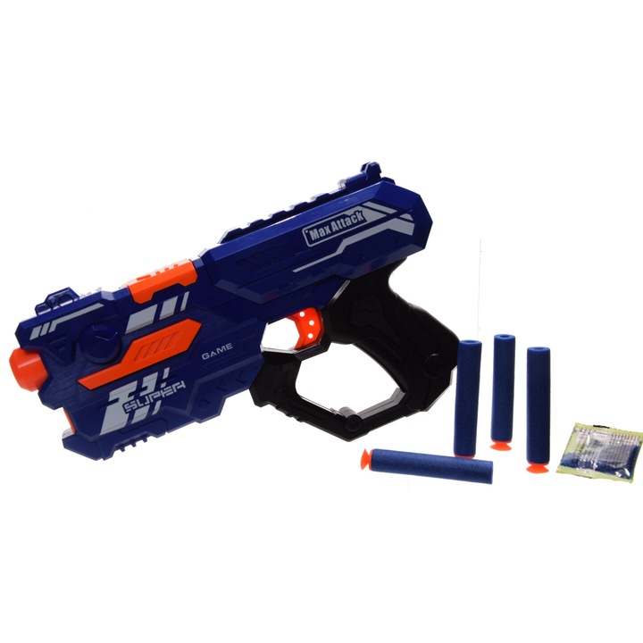 Pistol de jucarie, Plastic, Bile gelatinoase, Cartuse spuma, Albastru / Portocaliu