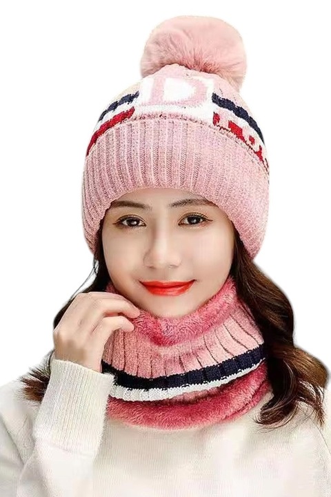 Caciula dama, set doua piese, model cu pom pom si fular calduros asortat, tematica cozy life, marime universala, roz, EFAYN