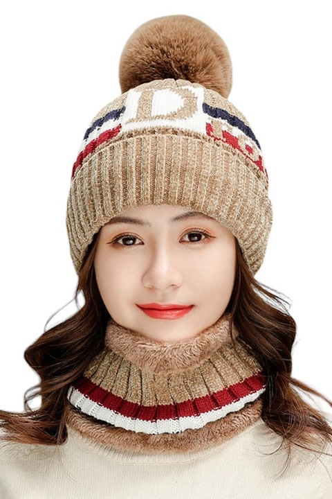 Caciula dama, set doua piese, model cu pom pom si fular calduros asortat, tematica cozy life, marime universala, maro, EFAYN