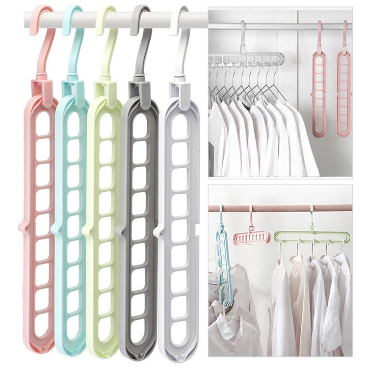 Set de 5 umerase multifunctionale pentru garderoba, 9 gauri, plastic, 13x17cm