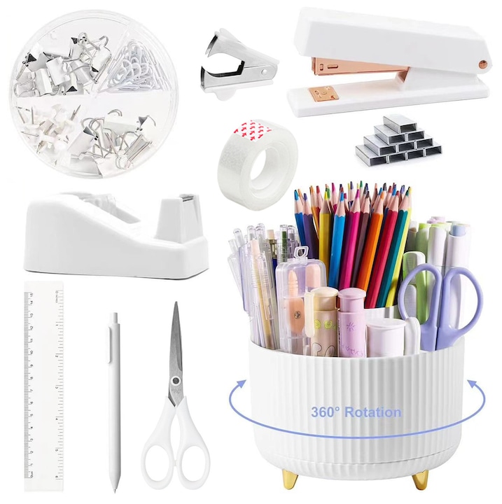 Set accesorii de birou 7 piese, OVERTANG, suport rotativ 360°, cu capsator, foarfeca, dispenser banda, eliminator agrafe, clips, 1000 agrafe