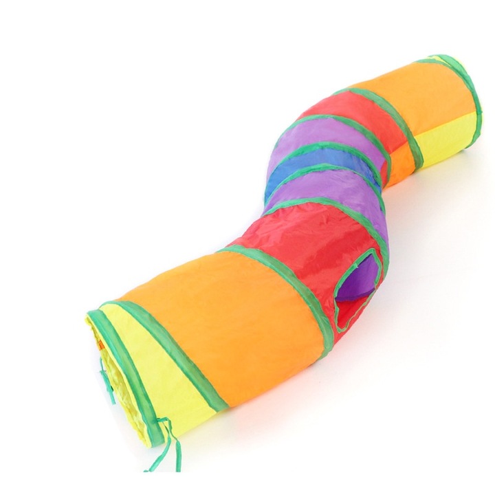 Tunel de joaca pentru pisici, S-2, design labirint, material rezistent, multicolor, 60x30cm