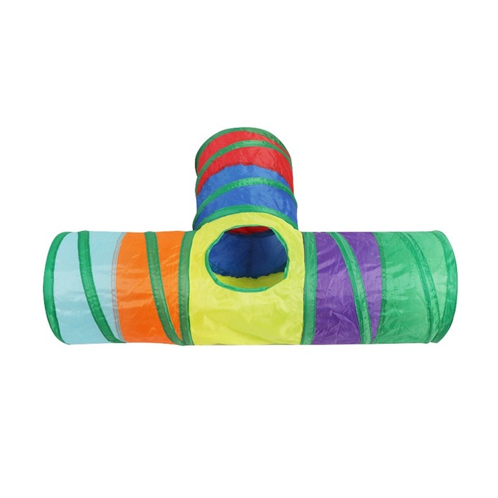 Tunel de joaca pentru pisici, 3 cai, design pliabil, material poliester, multicolor