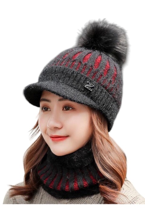 Caciula dama, set doua piese, model cu cozoroc si pom pom, fular calduros asortat, tematica casual style, marime universala, neagra, EFAYN