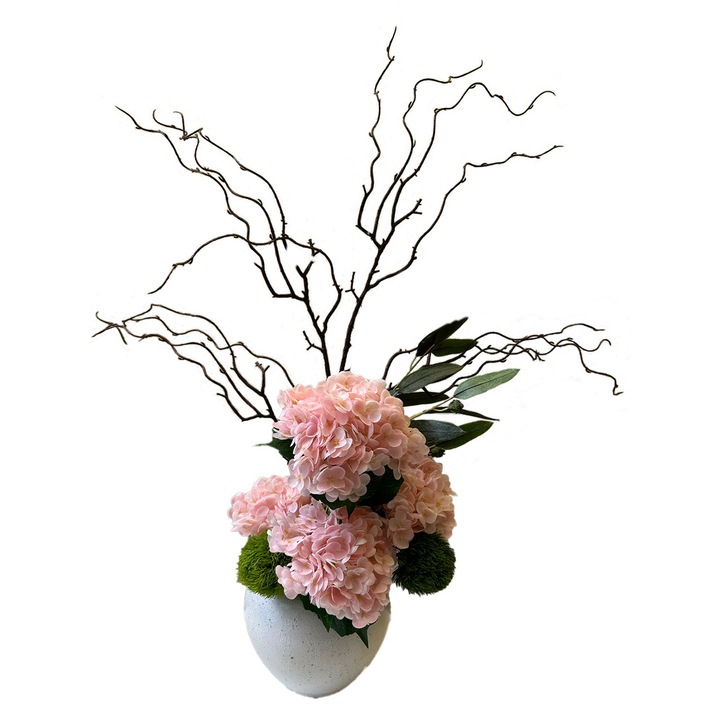 Buchet artificial Hortensii, 120x40cm, roz, set cu Eucalipt si ramuri de vita de vie