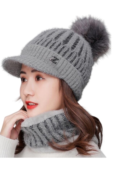 Caciula dama, set doua piese, model cu cozoroc si pom pom, fular calduros asortat, tematica casual style, marime universala, gri, EFAYN