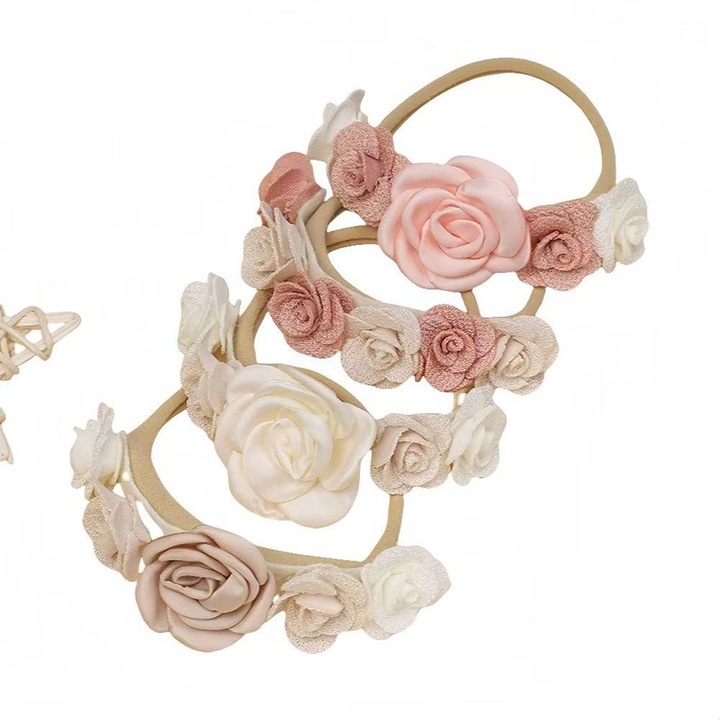 Комплект от 4 аксесоара за коса за момиче, еластични ленти за глава на цветя, текстил, многоцветни, 1-6 години