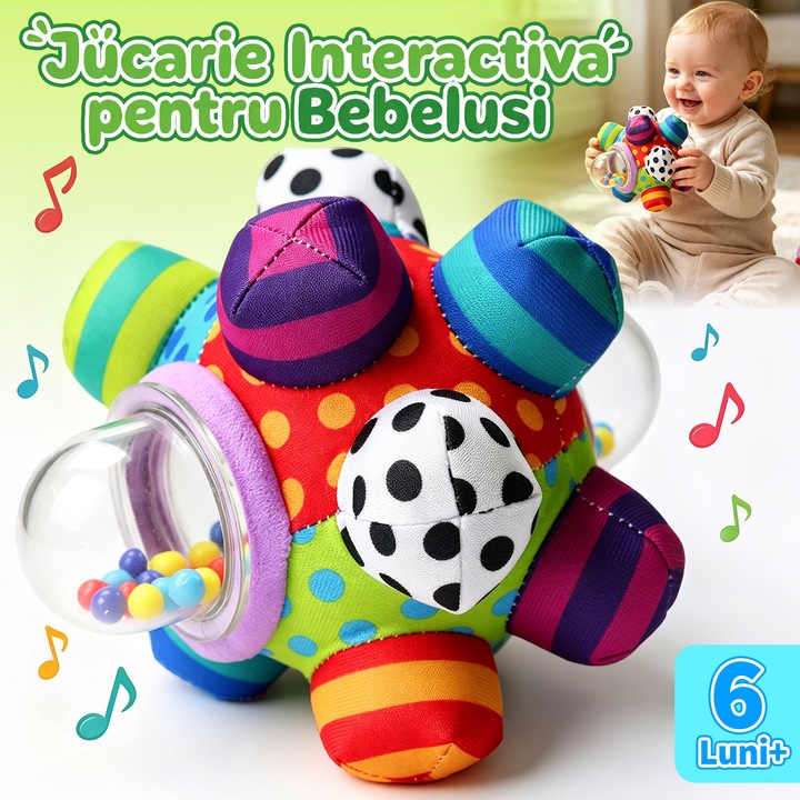 Jucarie Interactiva pentru Bebelusi, BYONDSELF®, Zornaitoare, Moale si Placut la Atingere, pentru Baieti si Fete de Peste, 6 Luni+, Multicolor