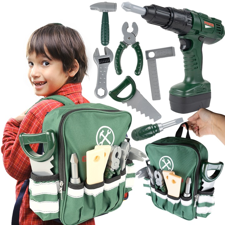 Rucsac pentru copii cu unelte, Zola, burghiu cu baterii, 29 x 33 x 11 cm, verde