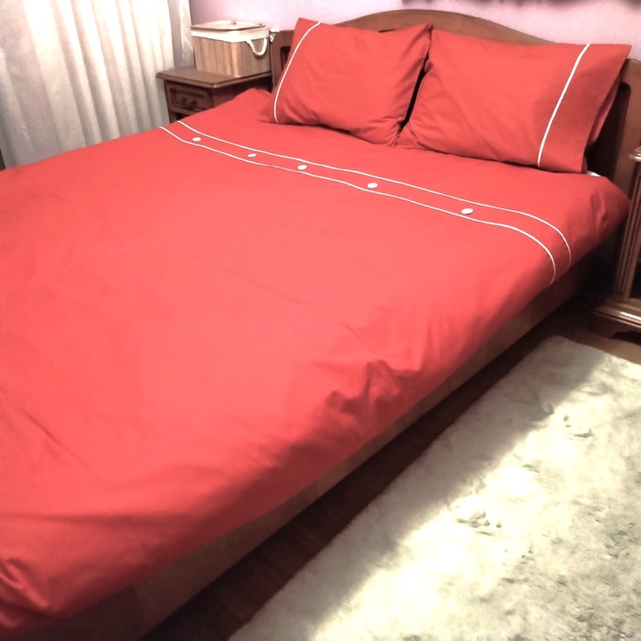 Paplanhuzat és 2 párnahuzat szett, Casa Bucuriei, Model Diana, 3 db, korallpiros/fehér, 100% pamut, 180/220 cm