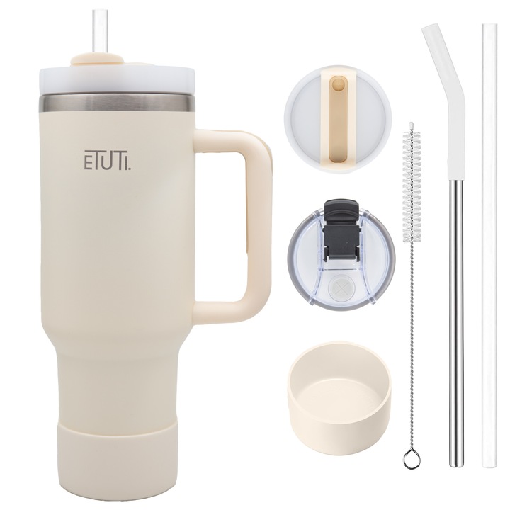 Etuti® termosz hőszigetelt poharas bögre meleg és hideg italokhoz, 8 óra meleg és akár 12 óra hideg, 1,2 literes, 2 fedő, 2 szívószál, szilikon kefe és tartó, krém