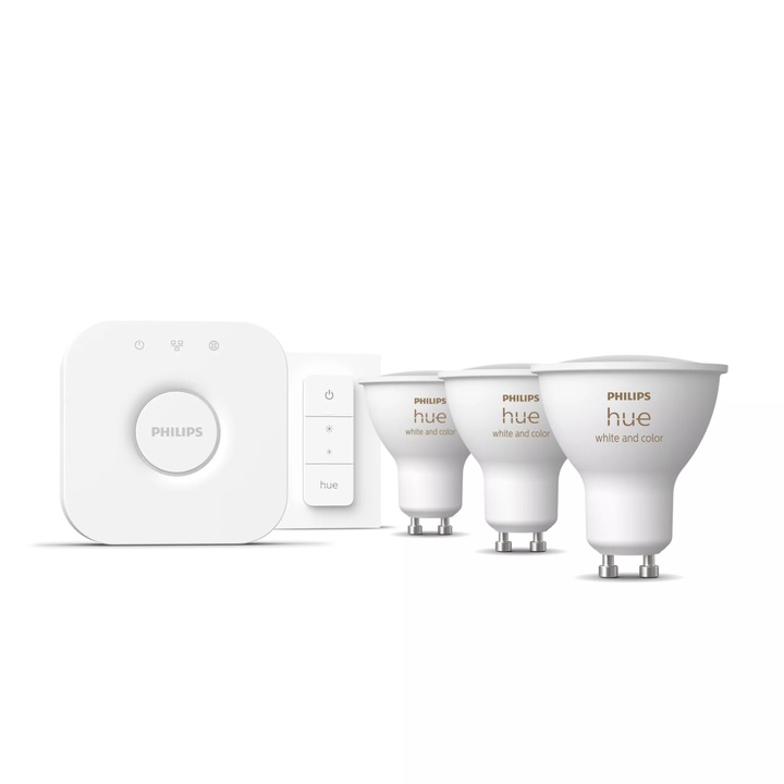 Комплект Starter kit 3 Смарт RGB LED крушки Philips Hue, Bluetooth, Zigbee, GU10, 4,2 W, 400 lm, Бяла и цветна светлина + Превключвател + Hue Bridge