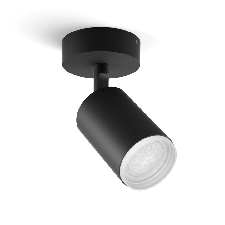 Spot LED RGB inteligent Philips Hue Fugato, Bluetooth, GU10, 4.2W, 400 lm, lumina alba si colorata, IP20, 16.3x8.2x8.2 cm, Metal, Negru, Clasa energetica E