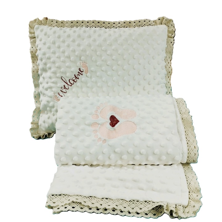 Gyerekkészlet, Casa Bucuriei, Model Welcome, világos krém, plusz minky és muszlin, 1 x takaró 80/110 cm és 1 x párna 30 x 35 cm