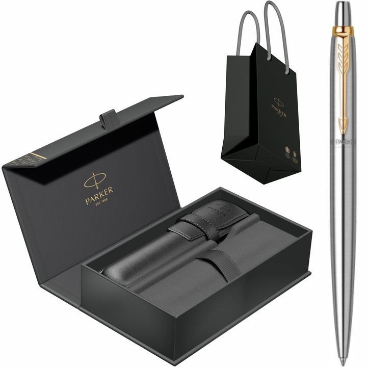 Pix Parker Jotter Royal Stainless Steel GT cu gravura laser inclusa, in cutie cu etui Royal IV Collection si punga Parker
