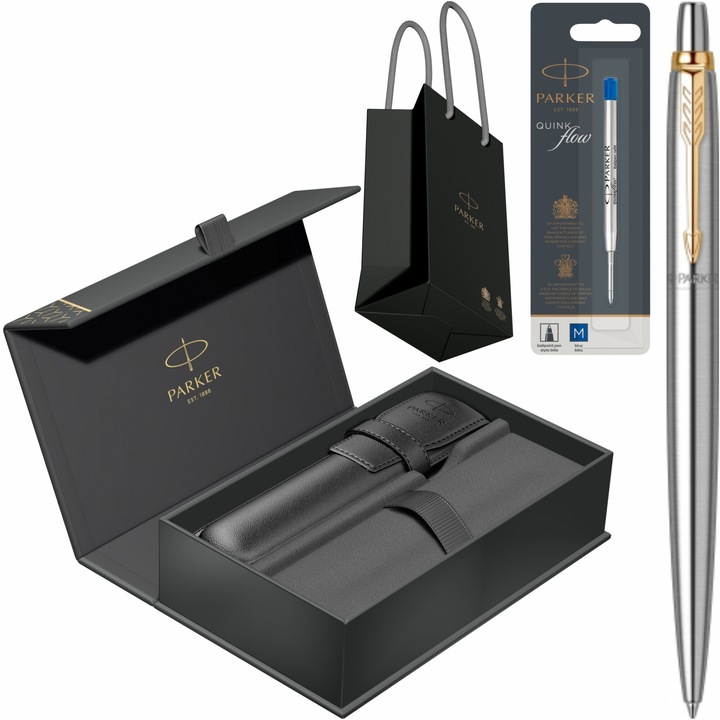 Pix Parker Jotter Royal Stainless Steel GT cu gravura laser inclusa, rezerva pix Jumbo Quink Flow albastra in cutie cu etui Royal IV Collection si punga Parker