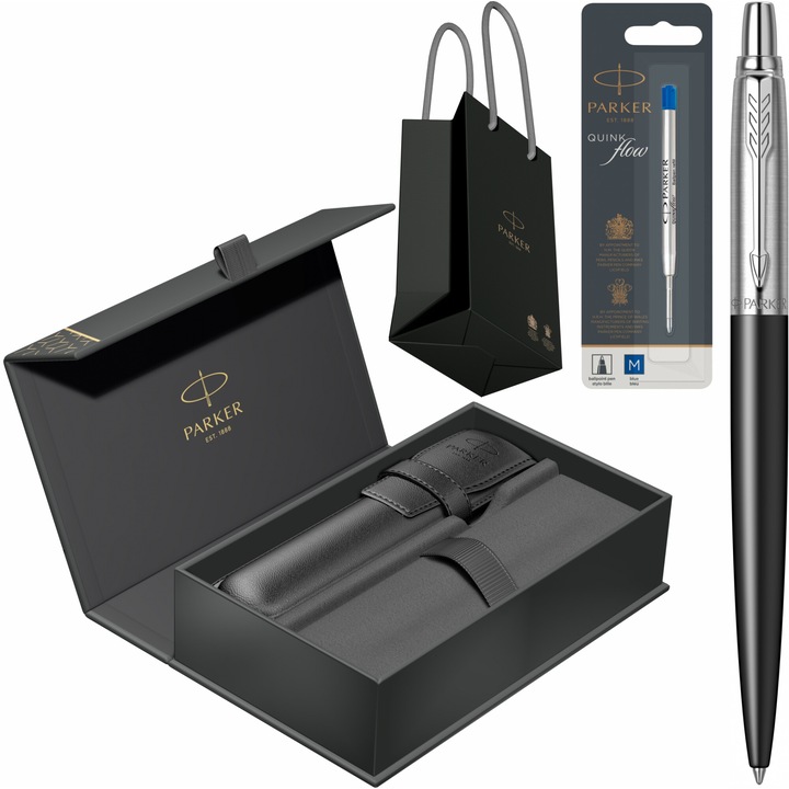 Pix Parker Jotter Royal Bond Street Black CT cu gravura laser inclusa, rezerva pix Jumbo Quink Flow albastra in cutie cu etui Royal IV Collection si punga Parker