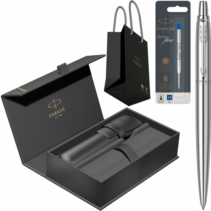 Pix Parker Jotter Royal Stainless Steel CT cu gravura laser inclusa, rezerva pix Jumbo Quink Flow albastra in cutie cu etui Royal IV Collection si punga Parker