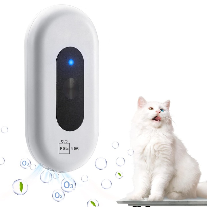 Purificator aer pentru litiera pisici, Felliner, baterie 2600 mAh, monitorizare non-stop, incarcare USB, mod selentios, alb