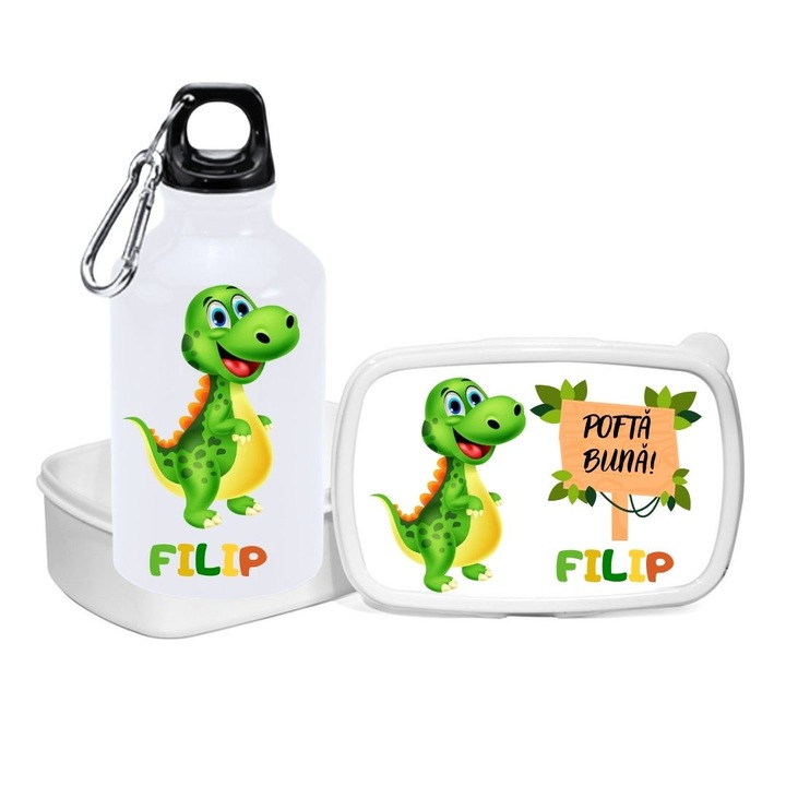Set bidon de apa si caserola, pentru depozitat mancare, de tip, Lunchbox”, personalizate cu numele baiatului, Filip si imagine dinozaur
