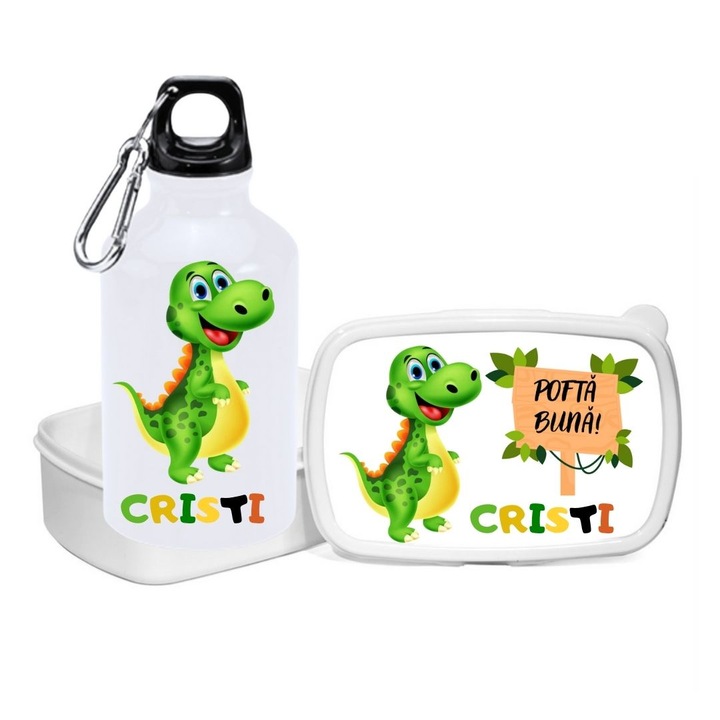 Set bidon de apa si caserola, pentru depozitat mancare, de tip, Lunchbox”, personalizate cu numele baiatului, Cristi si imagine dinozaur