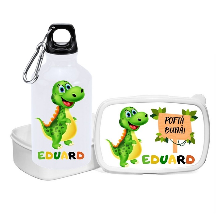 Set bidon de apa si caserola, pentru depozitat mancare, de tip, Lunchbox”, personalizate cu numele baiatului, Eduard si imagine dinozaur