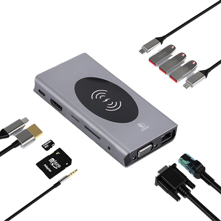 Мултифункционален USB-C хъб 13 в 1, Daismart, BX13V, HDMI 4K, RJ45 Ethernet, SD/TF четец на карти, 3 x USB 3.0, 2 x USB 2.0, бързо зареждане PD 100W, съвместим с лаптоп и компютър, сив металик