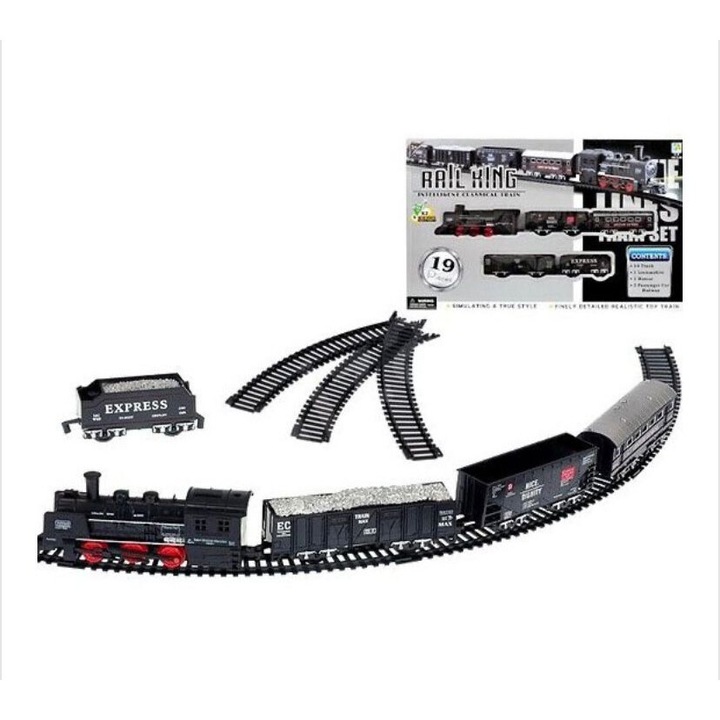 Circuit Trenulet Electric, Locomotiva cu 4 Vagoane, Diferite Combinatii ale Vagoanelor, Lumina LED Centrala, Sina 210 cm, 19 Piese, 2x Baterii AA 1.5V Incluse, +3 Ani, Negru