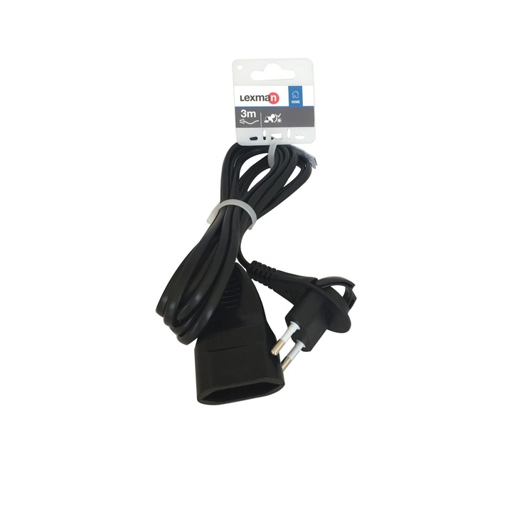 Удължител Lexman с проводник, IP20, 1 гнездо, 2 x 0,75 mmp, 3 m, черен