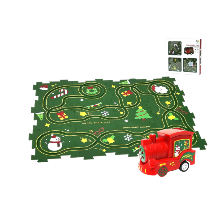 Puzzle Racer autópálya szett gyerekeknek, QIAN CHOICE, Montessori oktatási puzzle autós játékkészlet, karácsonyi téma, zöld szín