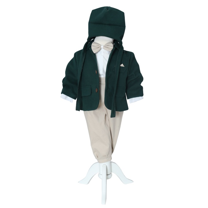 Costum botez baieti cu haina groasa din stofa, 5 piese, Verde-crem, Recostore®, REC3042, 1-3 luni