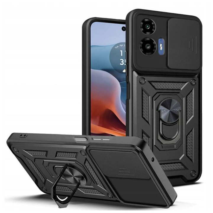 Калъф Cam Shield Magnet Stand G-Tech, съвместим с Motorola Edge 30 Neo 5G, Antisoc Defender, вграден магнит за поддръжка на кола, функция стойка, поликарбонат, черен