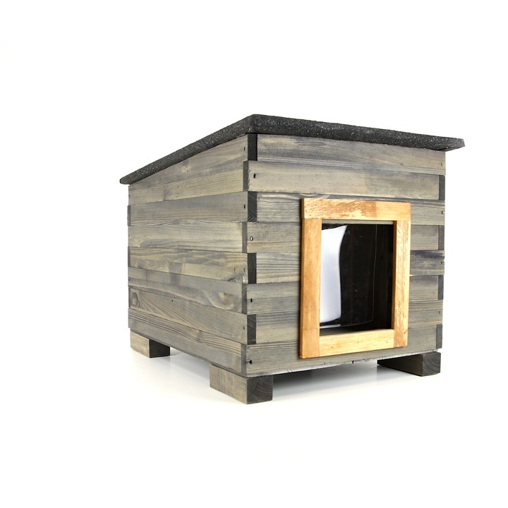 Casuta izolata pentru pisici sau caini mici KONIUSZEK OGRODY, cu perdea, izolatie 20mm, antracit, livrare complet asamblata