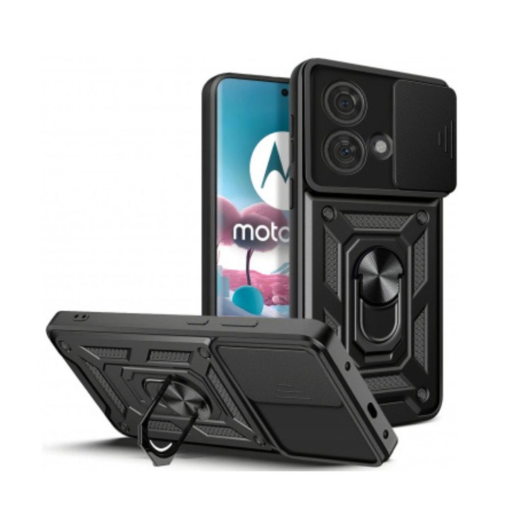 Калъф Cam Shield с магнитна стойка G-Tech, съвместим с Motorola Edge 40 Neo 5G, Antisoc Defender, Вграден магнит за кола, Функция стойка, Поликарбонат, Черен