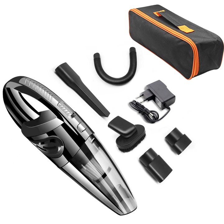 Aspirator portabil de uz casnic si auto, negru, 5 accesorii potrivite pentru spatii mici, umed si uscat cu dubla utilizare, incarcare USB, alimentare 120W, 4 capete de aspirare, cu punga portabila