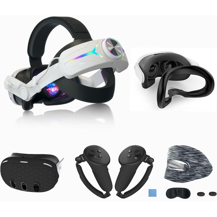 Curea de cap, strap pentru Meta Quest 3 cu acumulator 8000 mAh, lumini LED RGB, reglabil, cu husa controler si accesorii VR