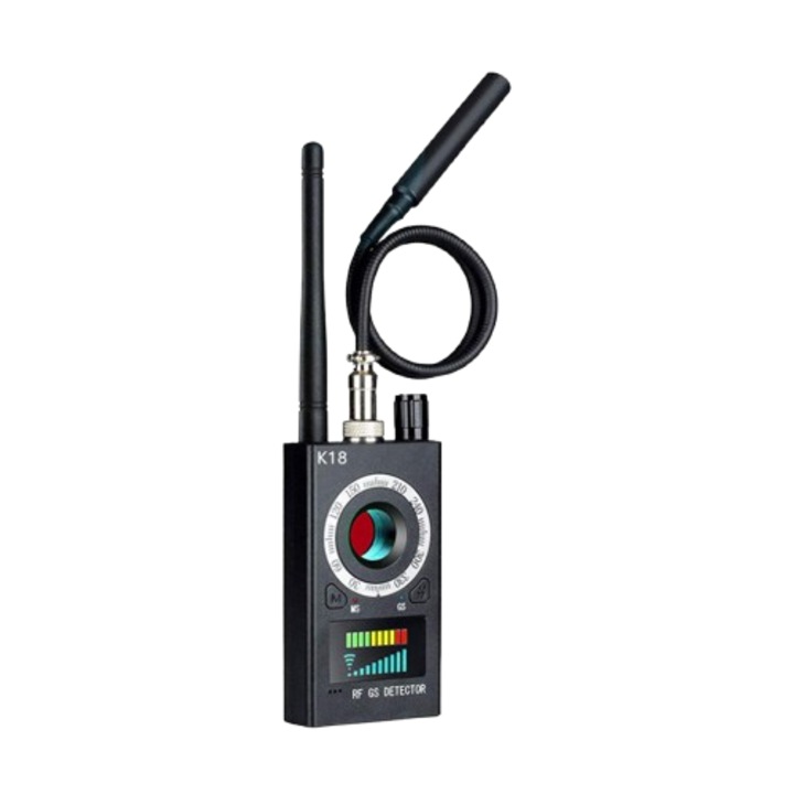 Detector profesional anti-spy K18, pentru localizatoare GPS, camere ascunse si microfoane, Negru