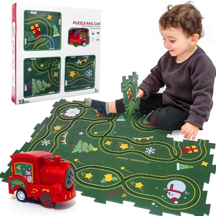 Set 12 PCS de piste pentru masini Puzzle Racer pentru copii, jucarie interactiva cu desene din Craciunului, Tema Craciunului, culoare verde