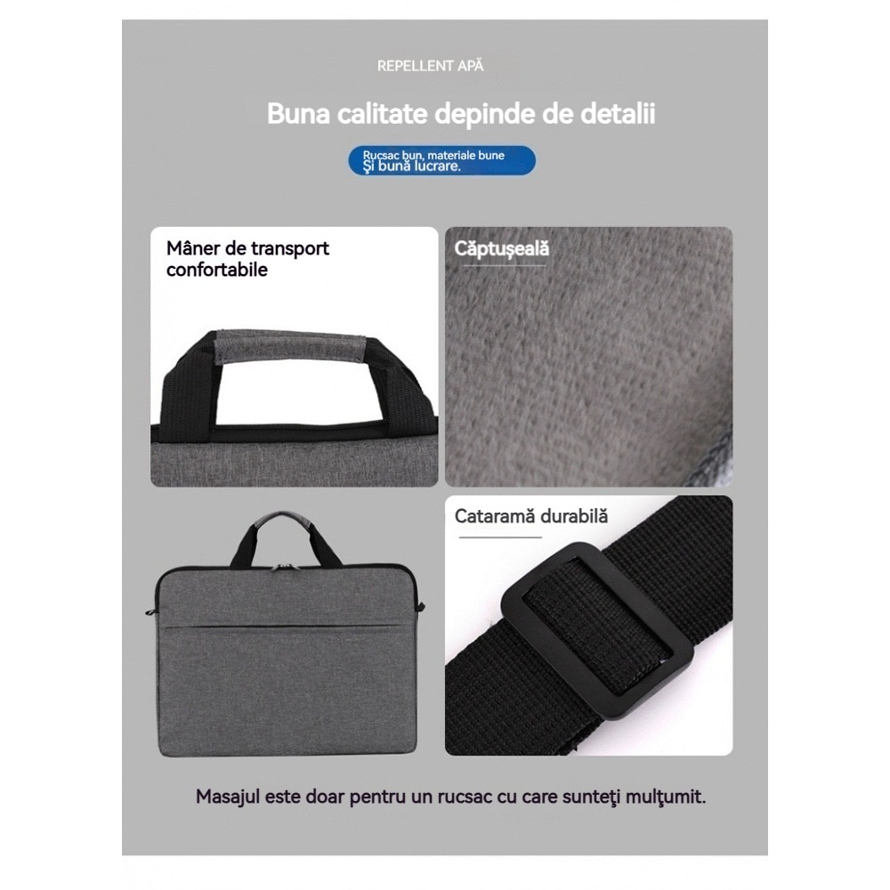 Geanta laptop AONYIYI 15.6 inch, gri, usoara, tip servieta, poliester