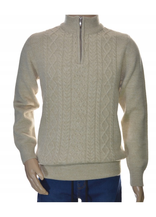Férfi pulóver cipzárral, gyapjú, elegáns, Krém, XL INTL
