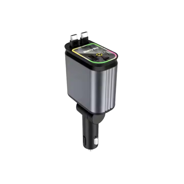 Super Fast Charge DSD® autós töltő, visszahúzható, 5 az 1-ben, 2 Type C és Apple kábel, univerzális, 2 USB és USB-C kimeneti port, beépített Star projektorral, ABS, PC, alumínium, szürke-fekete