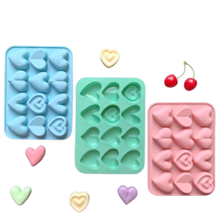 Forme prajituri AONYIYI set 3 bucati din silicon, inima, multicolor, pentru bomboane si ciocolata