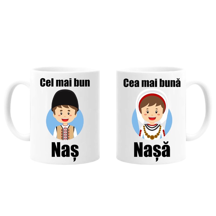 Set 2 Cani Personalizate pentru Nasi cu mesaj:"Cel mai bun Nas, Cea mai buna Nasa", Betaprint, 330ml, ceramica, alb