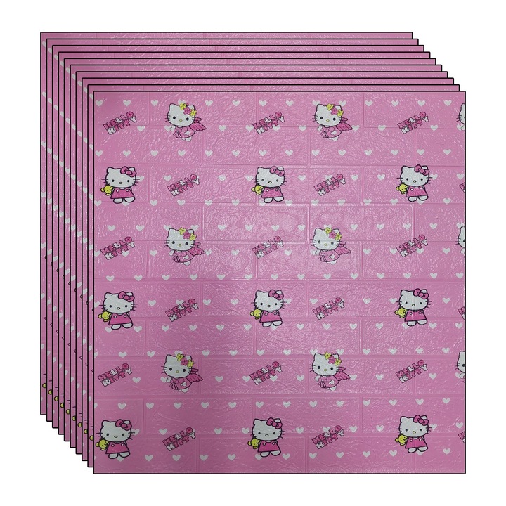 Комплект от 10 х 3D NEXTLY самозалепващи тапети, за стена или таван, водоустойчиви, регулируеми, здраво залепващи, лесни за монтаж, покривна площ 5,3 кв. м, 70x77 см, дизайн Hello Kitty, розов