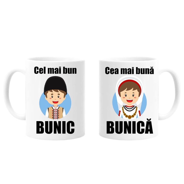 Set 2 Cani Personalizate pentru Bunici cu mesaj:"Cel mai bun Bunic, Cea mai buna Bunica", Betaprint, 330ml, ceramica, alb
