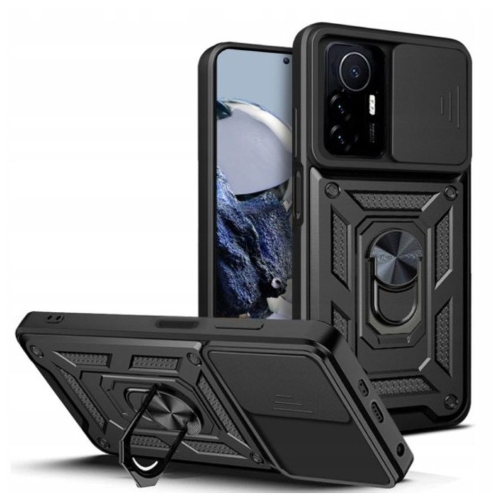 Husa Cam Shield Magnet Stand G-Tech, compatibila cu Xiaomi 12T/12T Pro, Antisoc Defender, Magnet suport auto incorporat, Functie stand, Policarbonat, Negru