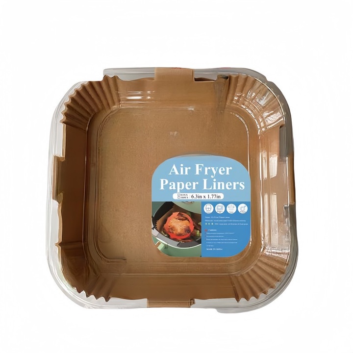 Set 100 bucati folie de copt pentru friteuza cu aer, 16x16x4.5cm, design cu manere, material 100% sigur pentru alimente