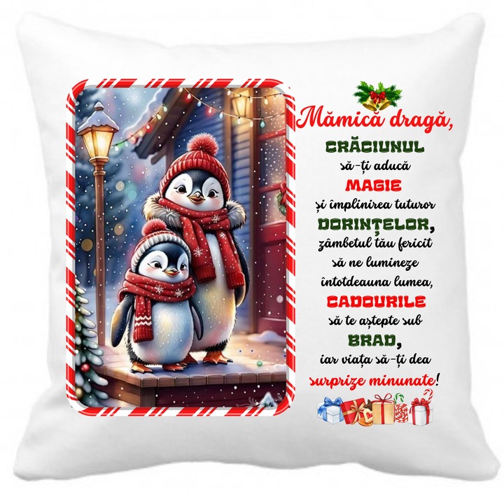 Perna personalizata de Craciun, pentru mama, cu husa detasabila, cu fermoar, 40x40 cm